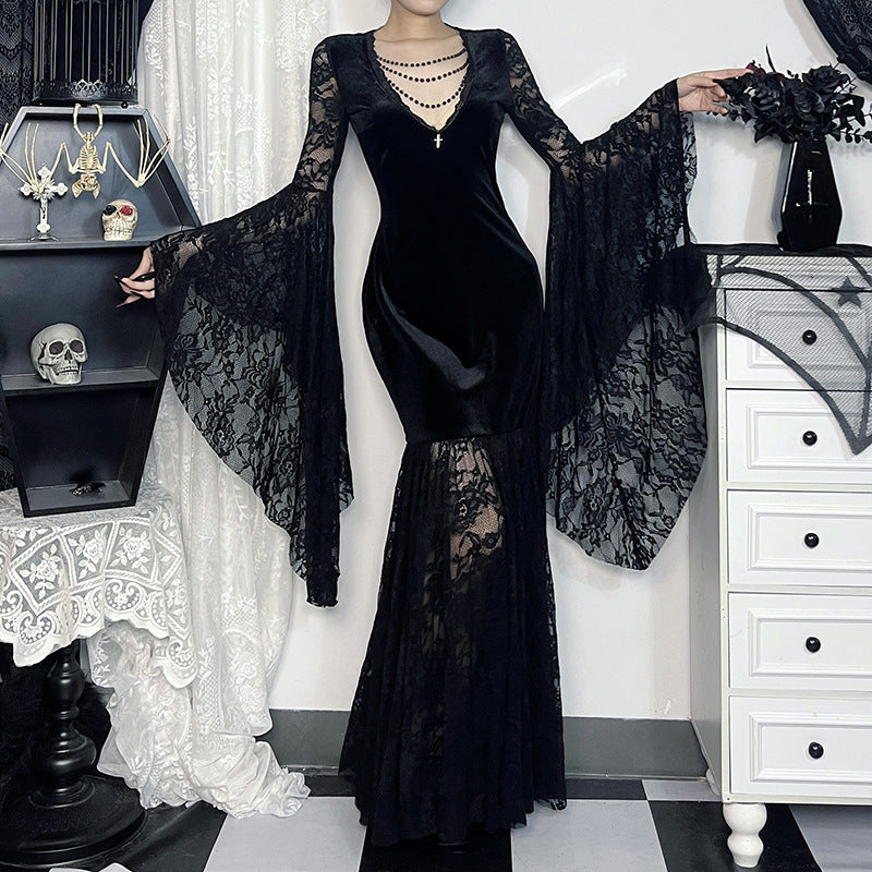 Gothic Vampire Lace Bell Sleeves Deep Neckline Long Dress