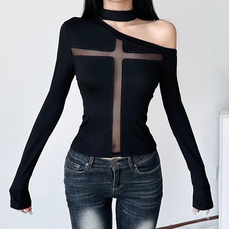 Gothic Alt Goth Cross Sheer Hollow Out Mesh Long Sleeve Top
