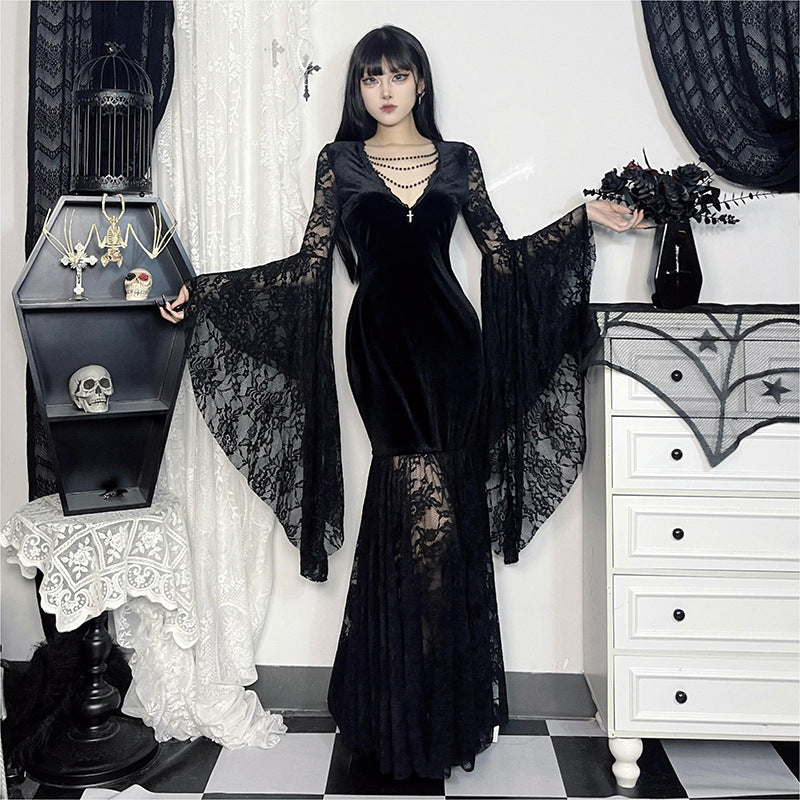 Gothic Vampire Lace Bell Sleeves Deep Neckline Long Dress