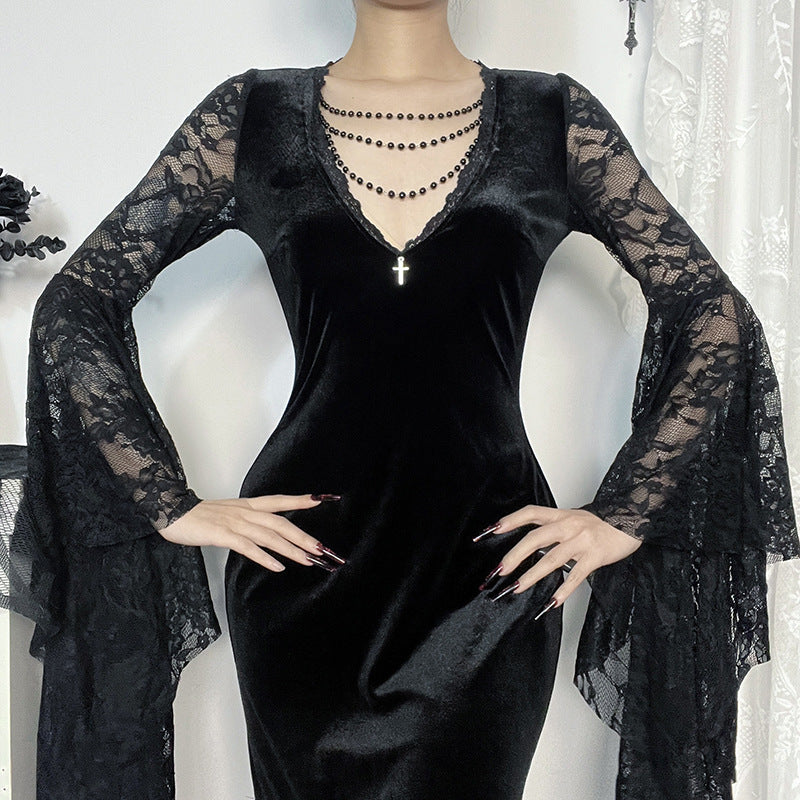 Gothic Vampire Lace Bell Sleeves Deep Neckline Long Dress