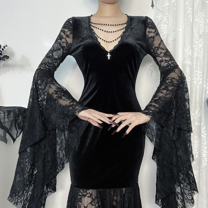 Gothic Vampire Lace Bell Sleeves Deep Neckline Long Dress