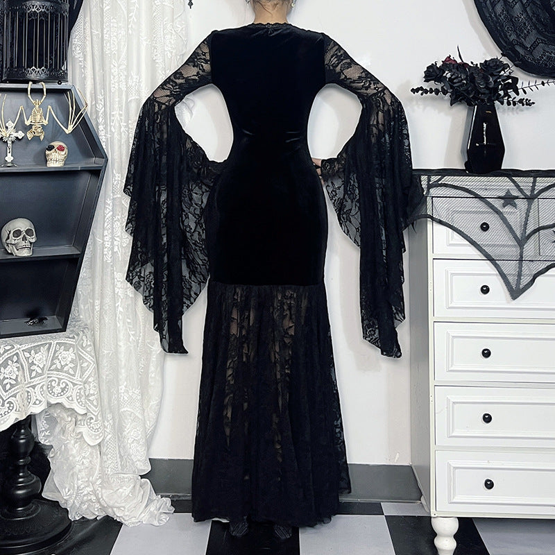 Gothic Vampire Lace Bell Sleeves Deep Neckline Long Dress