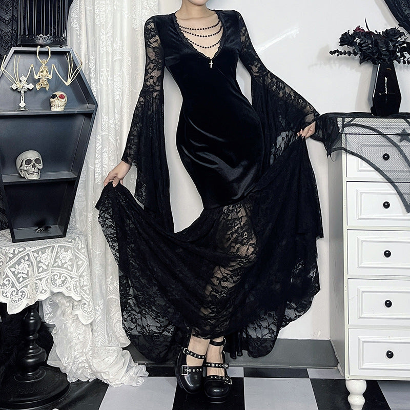 Gothic Vampire Lace Bell Sleeves Deep Neckline Long Dress
