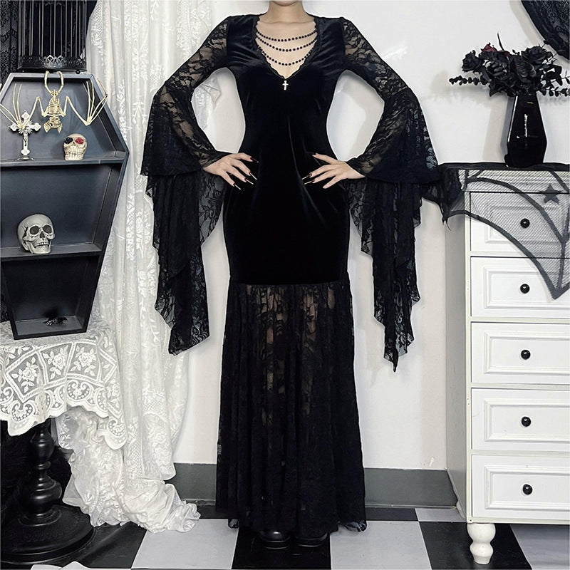 Gothic Vampire Lace Bell Sleeves Deep Neckline Long Dress