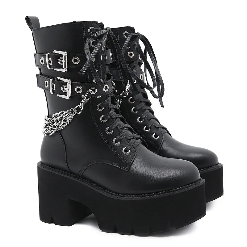 Gothic Chain Buckles Mid Calf Platform Boots