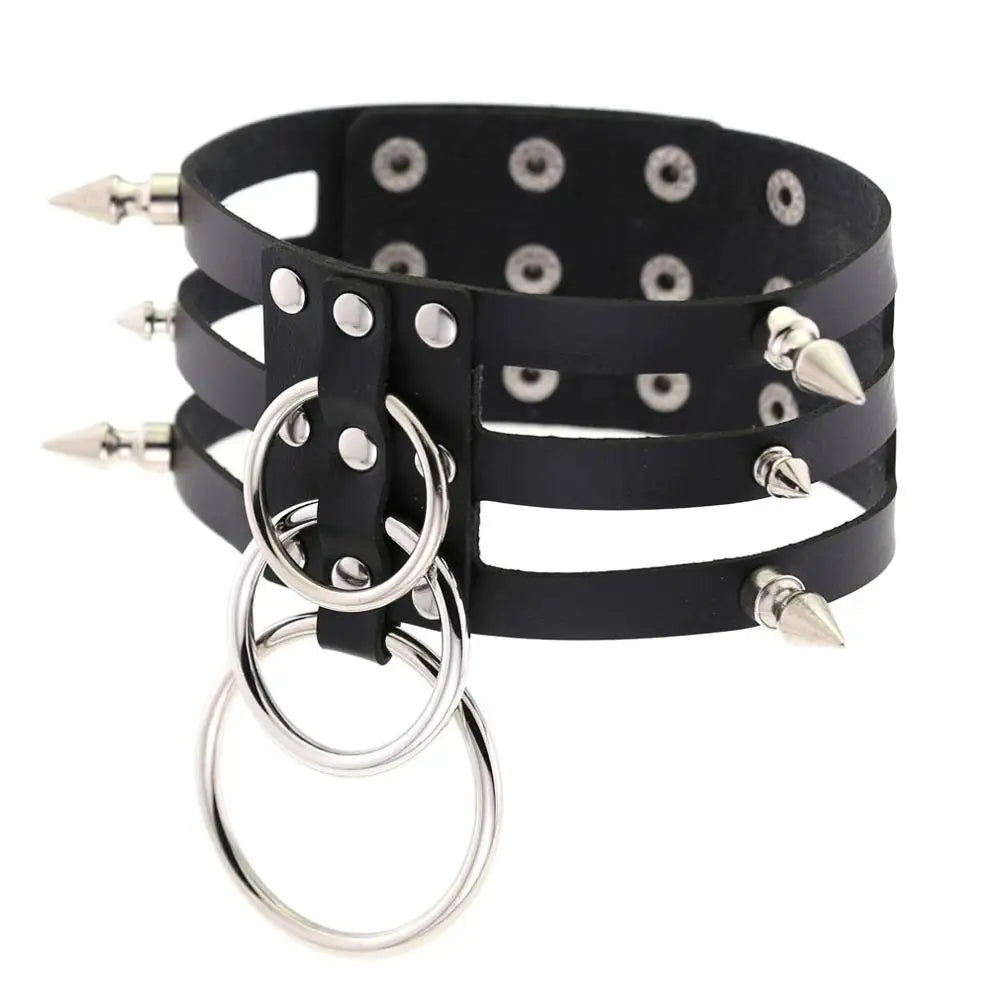 Gothic Triple Strap O-Ring Spikes Choker Necklace (available in 14 colors)