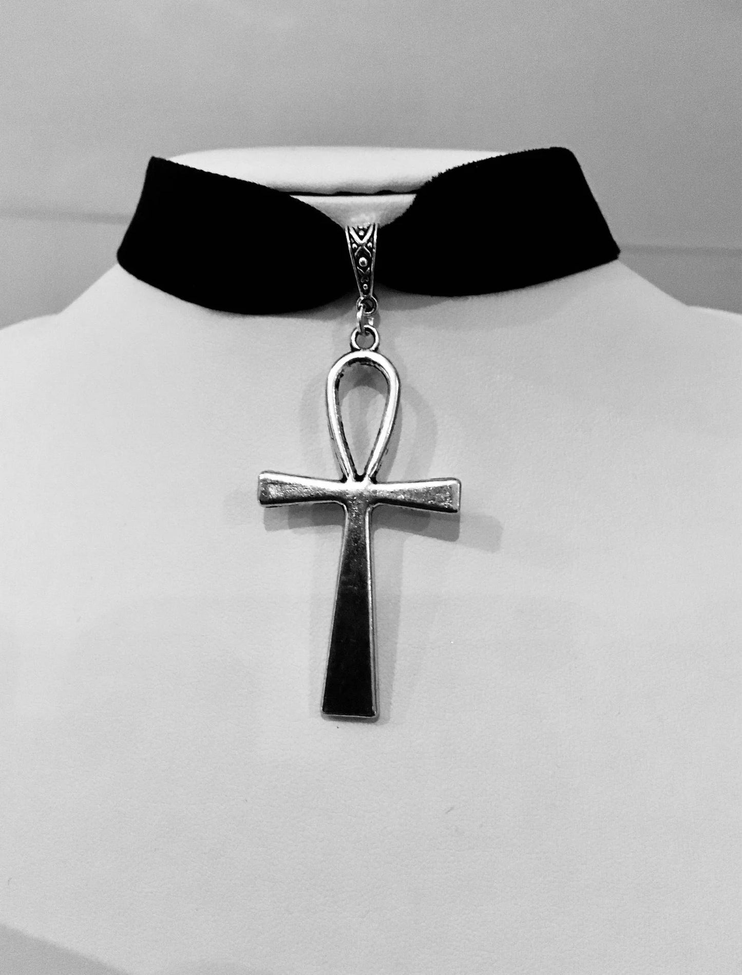 Gothic Egyptian Ank Silver Plated Black Velvet Choker Necklace