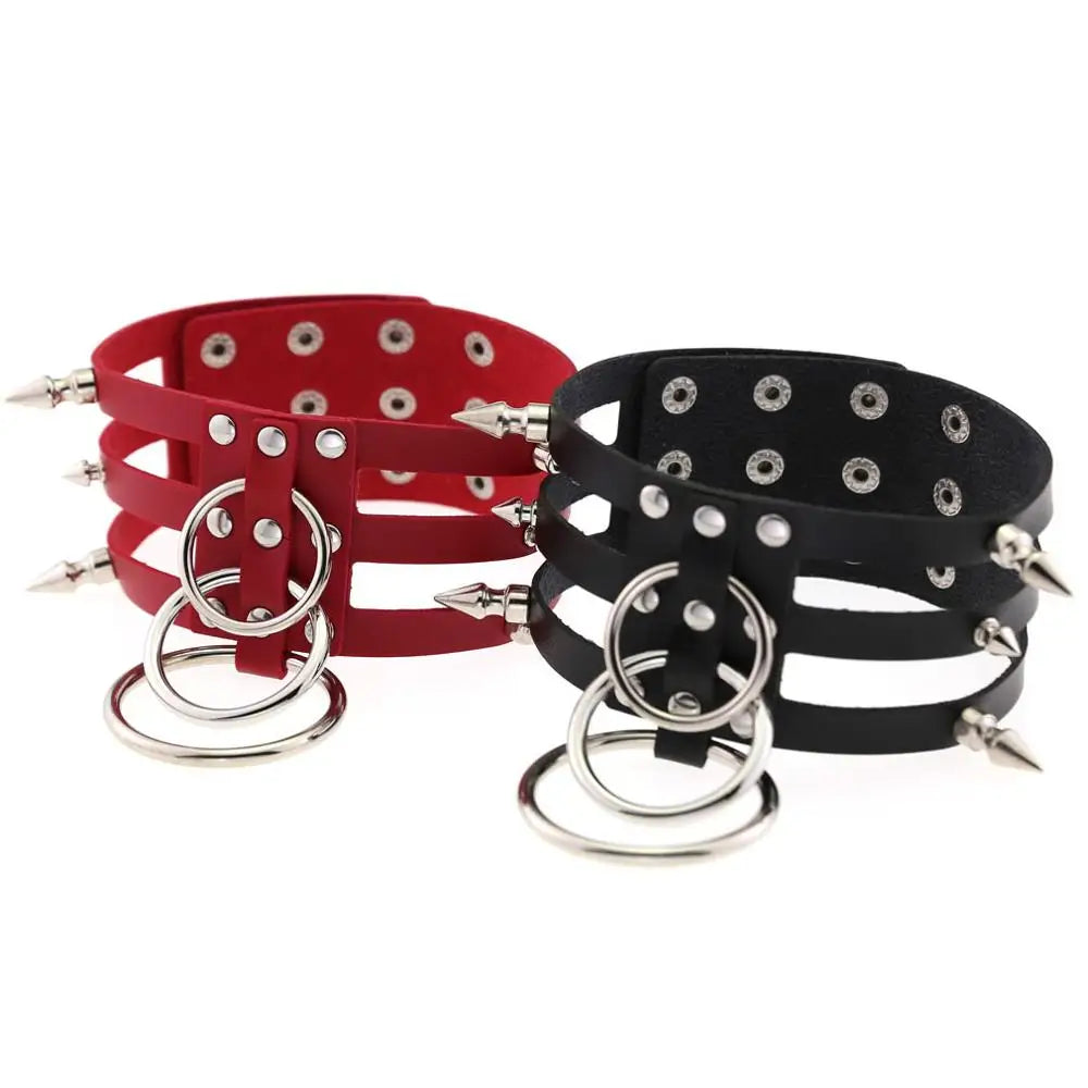 Gothic Triple Strap O-Ring Spikes Choker Necklace (available in 14 colors)