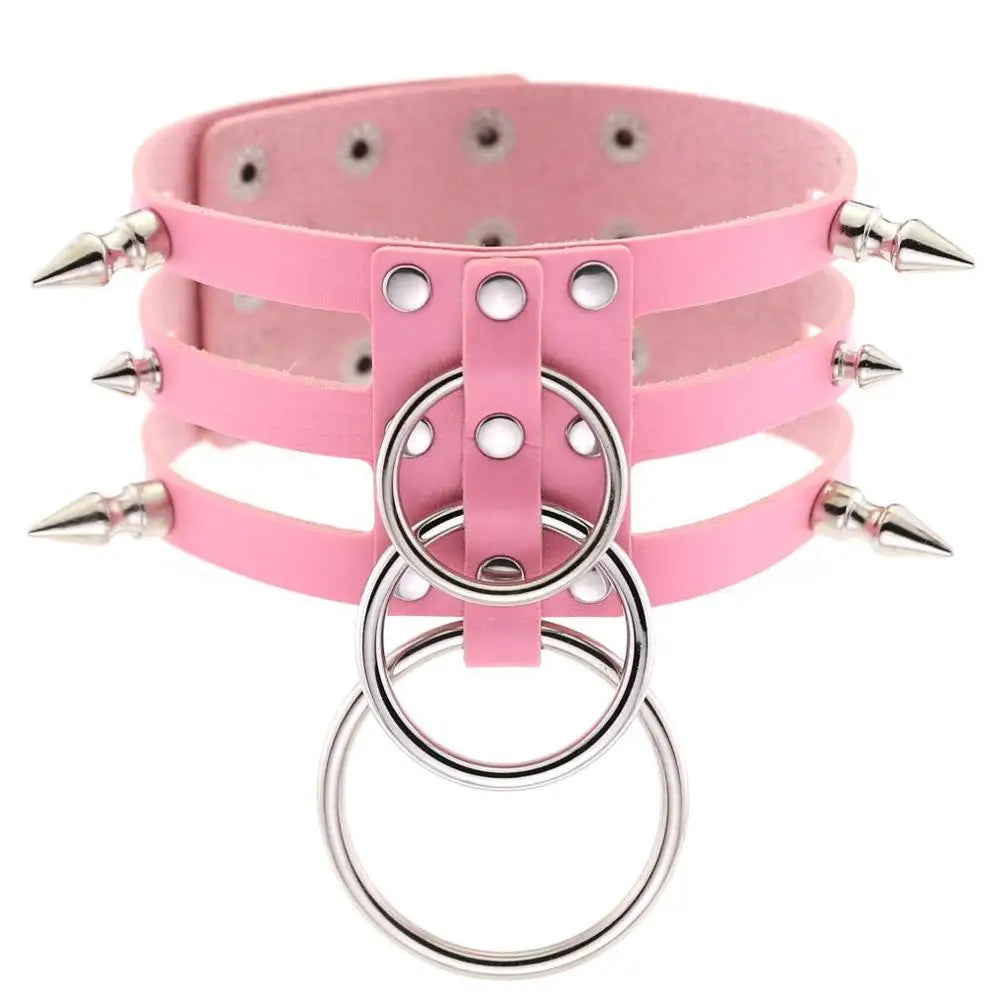 Gothic Triple Strap O-Ring Spikes Choker Necklace (available in 14 colors)