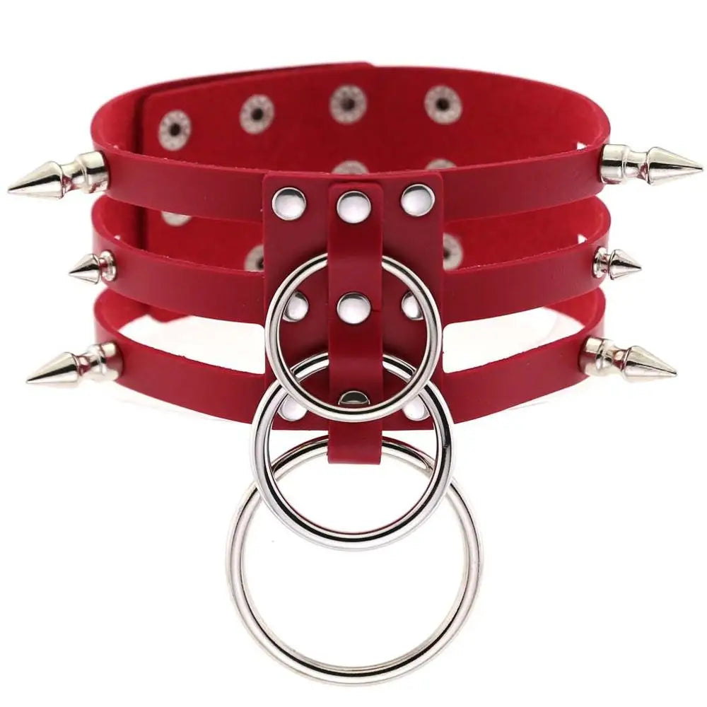 Gothic Triple Strap O-Ring Spikes Choker Necklace (available in 14 colors)