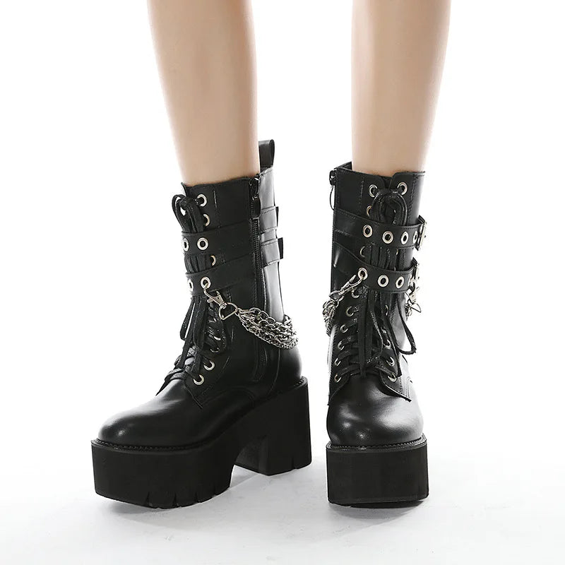 Gothic Chain Buckles Mid Calf Platform Boots