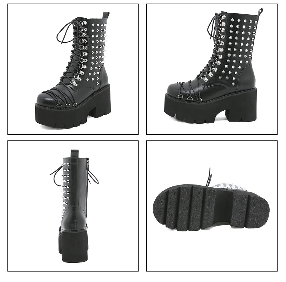 Gothic Spikes Rivets Lace Up Platform Boots