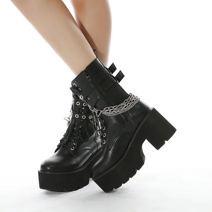Gothic Chain Buckles Mid Calf Platform Boots