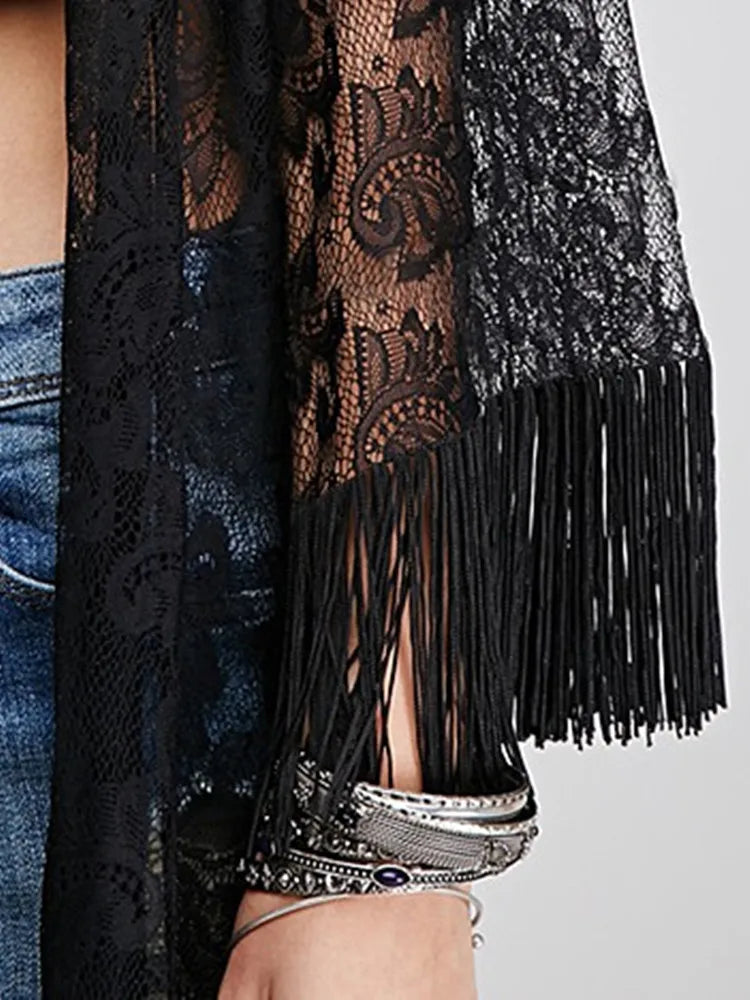 Gothic Wiccan Bohemian Boho Black Lace Tassel Kimono Cardigan