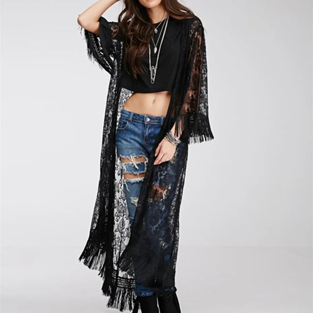 Gothic Wiccan Bohemian Boho Black Lace Tassel Kimono Cardigan