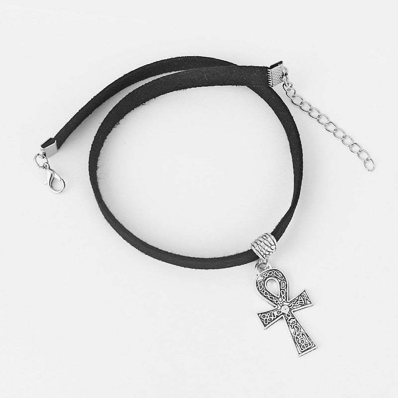 Gothic Ankh Cross Flat Faux Suede Choker Necklace