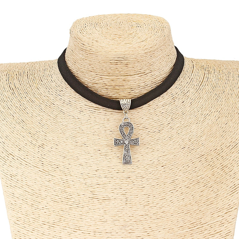 Gothic Ankh Cross Flat Faux Suede Choker Necklace