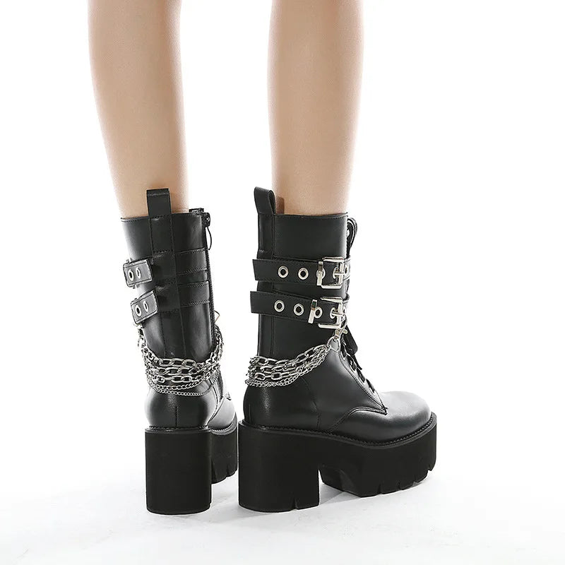 Gothic Chain Buckles Mid Calf Platform Boots