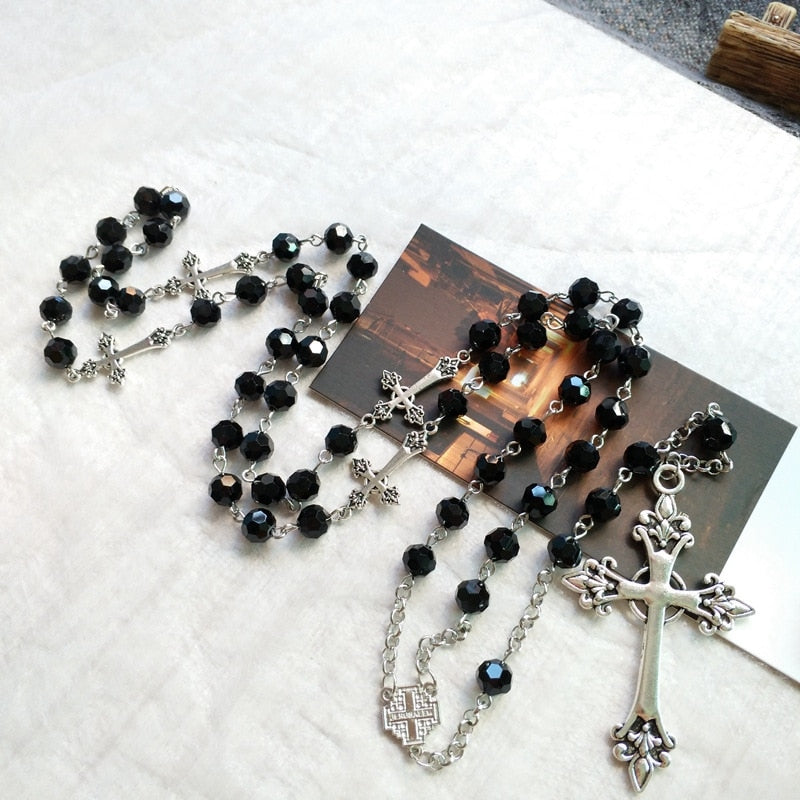 Gothic Black Crystal Rosary Cross Pendant Long Necklace