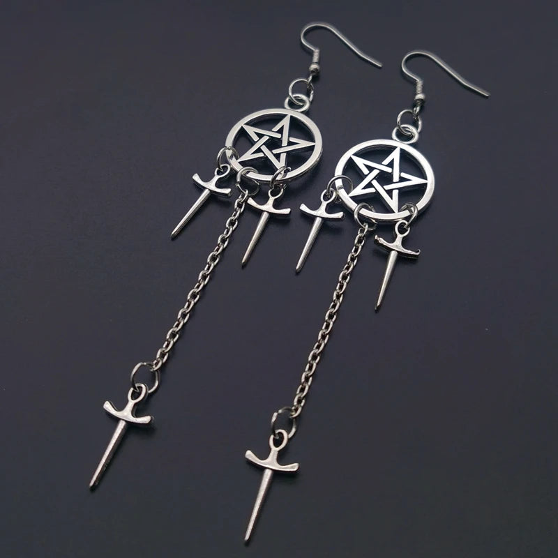Gothic Alt Goth Pentagram Swords Earrings