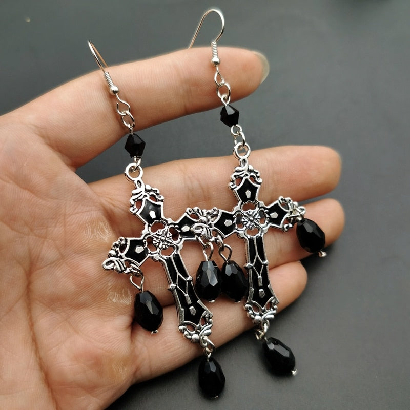 Gothic Cross Crystal Chandelier Earrings