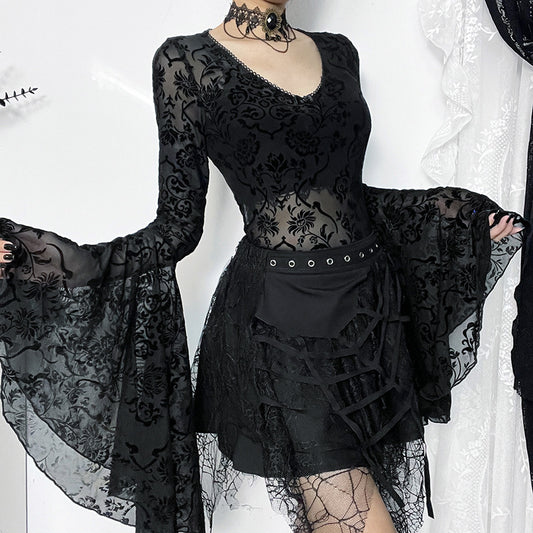 Gothic Romantic Mesh Floral Bell Sleeves Bodysuit Top