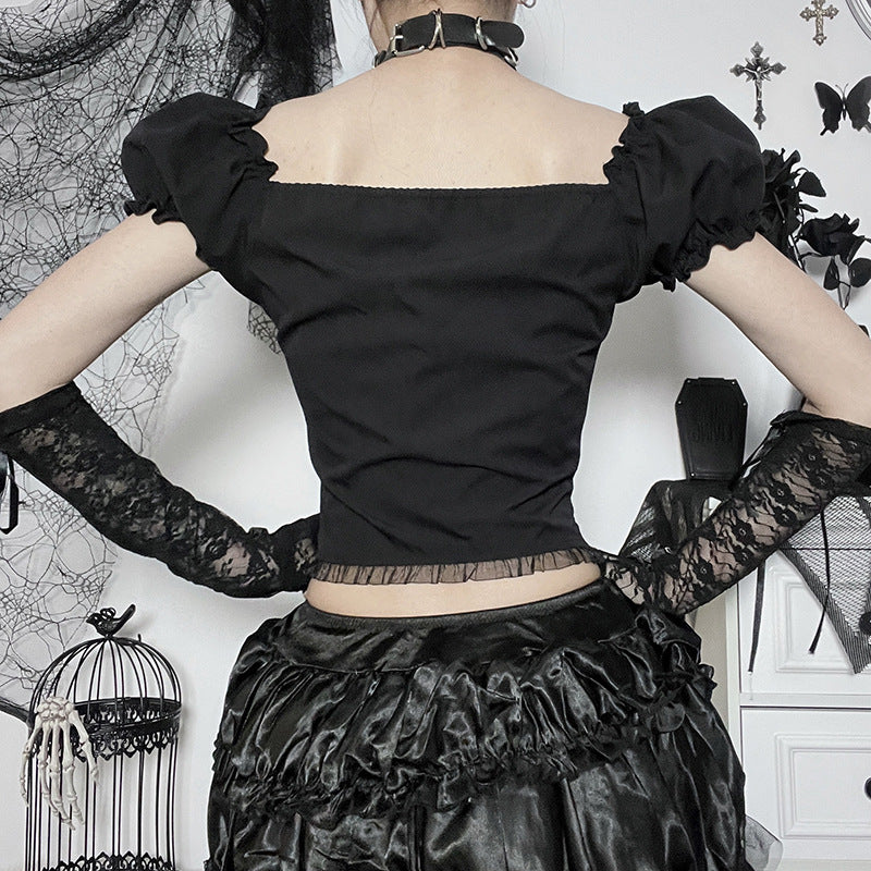 Gothic Romantic Puff Sleeve Lace Up Top