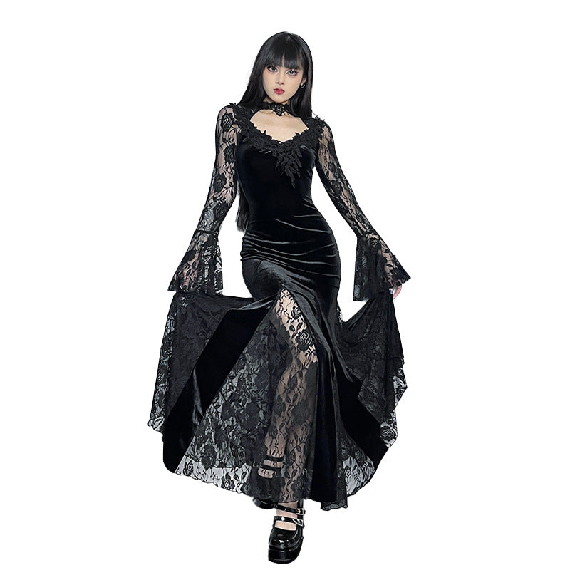 Gothic Romantic Lace Patchwork Bell Sleeves Long Dress
