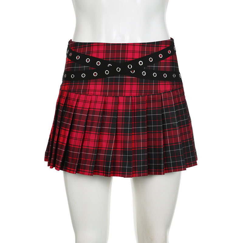Gothic Grunge Y2K Eyelet Patchwork Plaid Pleated Mini Skirt