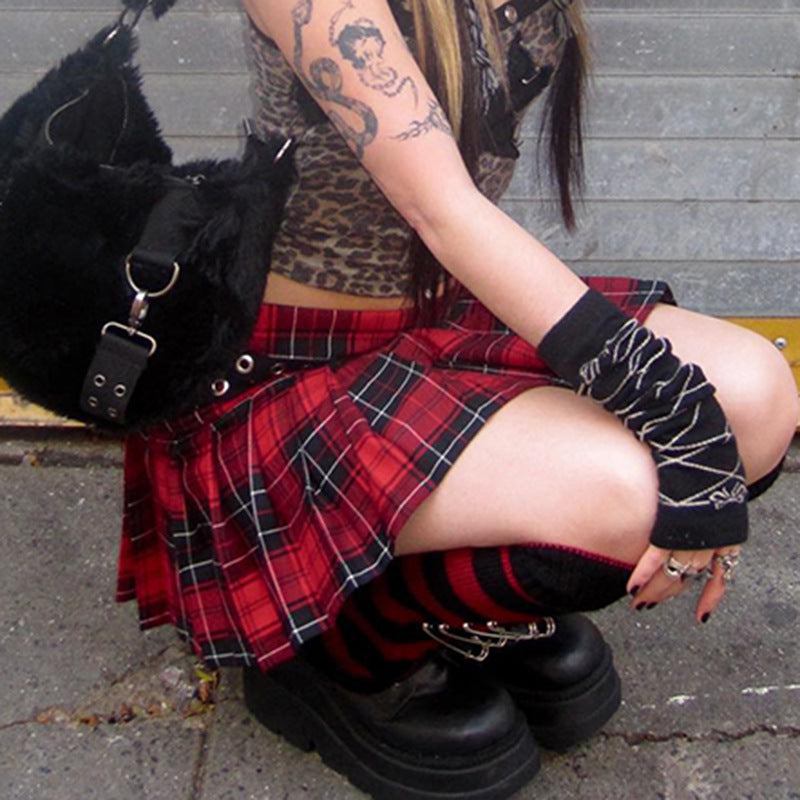 Gothic Grunge Y2K Eyelet Patchwork Plaid Pleated Mini Skirt