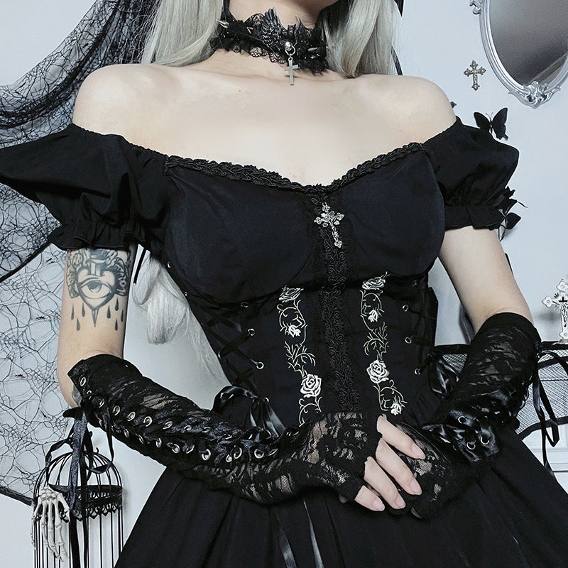 Gothic Rose Embroidery Lace Up Faux Corset Puffed Sleeves Mini Dress