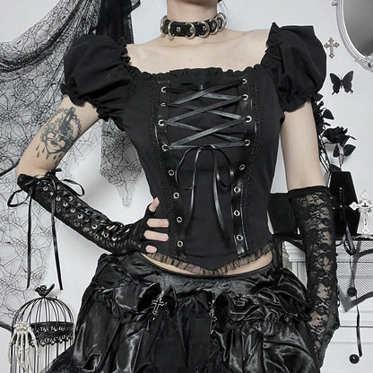 Gothic Romantic Puff Sleeve Lace Up Top