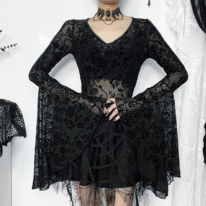 Gothic Romantic Mesh Floral Bell Sleeves Bodysuit Top
