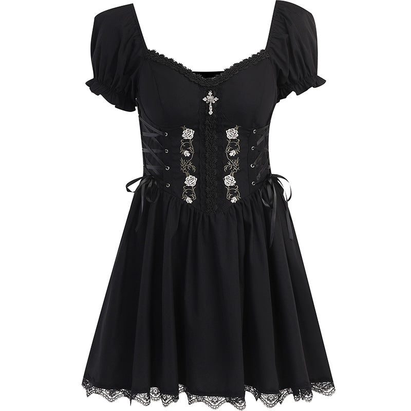 Gothic Rose Embroidery Lace Up Faux Corset Puffed Sleeves Mini Dress