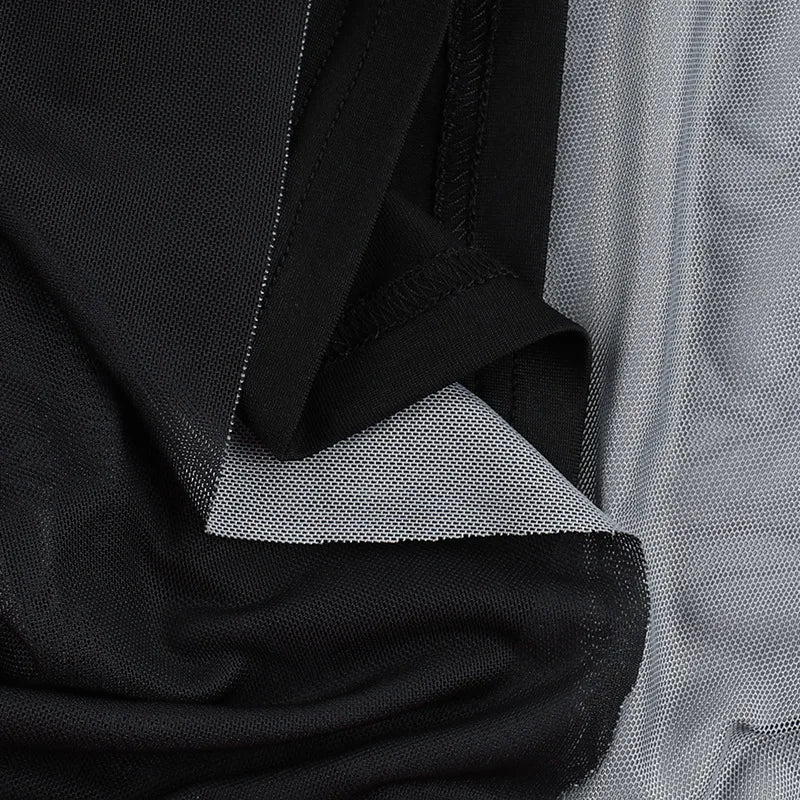 Gothic Y2K Skull Print Spaghetti Strap Mesh Patchwork Long Dress