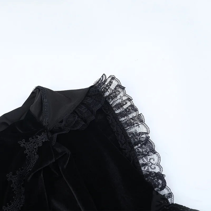 Gothic Romantic Goth Flocking Lace Batwing Sleeve Hooded Long Dress