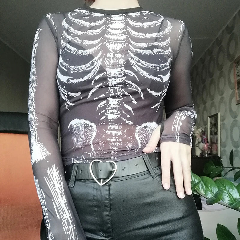 Gothic 90's Goth Y2K Skeleton Print Mesh Top