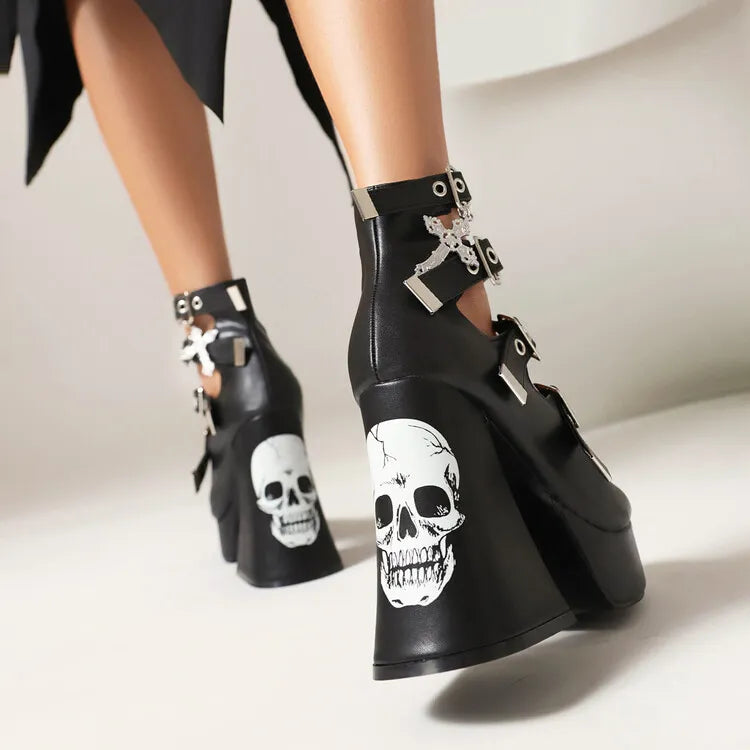 Gothic Multiple Straps  SKull Heels Platform Pumps Shoes