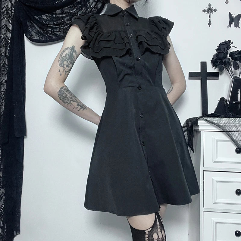 Gothic Mesh Ruffles Patchwork Wednesday Mini Dress