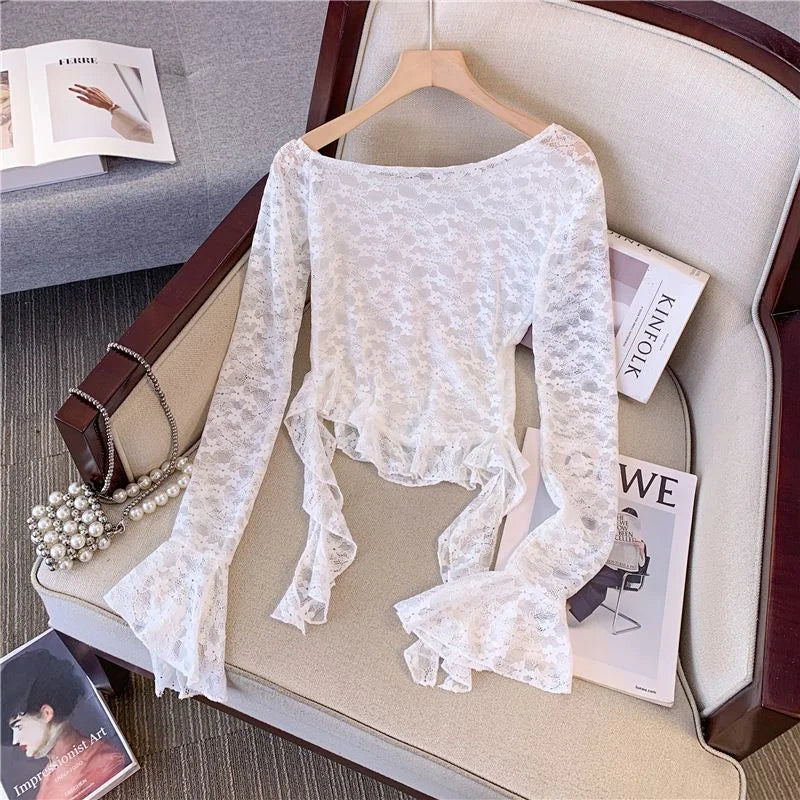 Gothic Dark Coquette Y2K White Off Shoulder Pink Bow Long Sleeve Lace Top