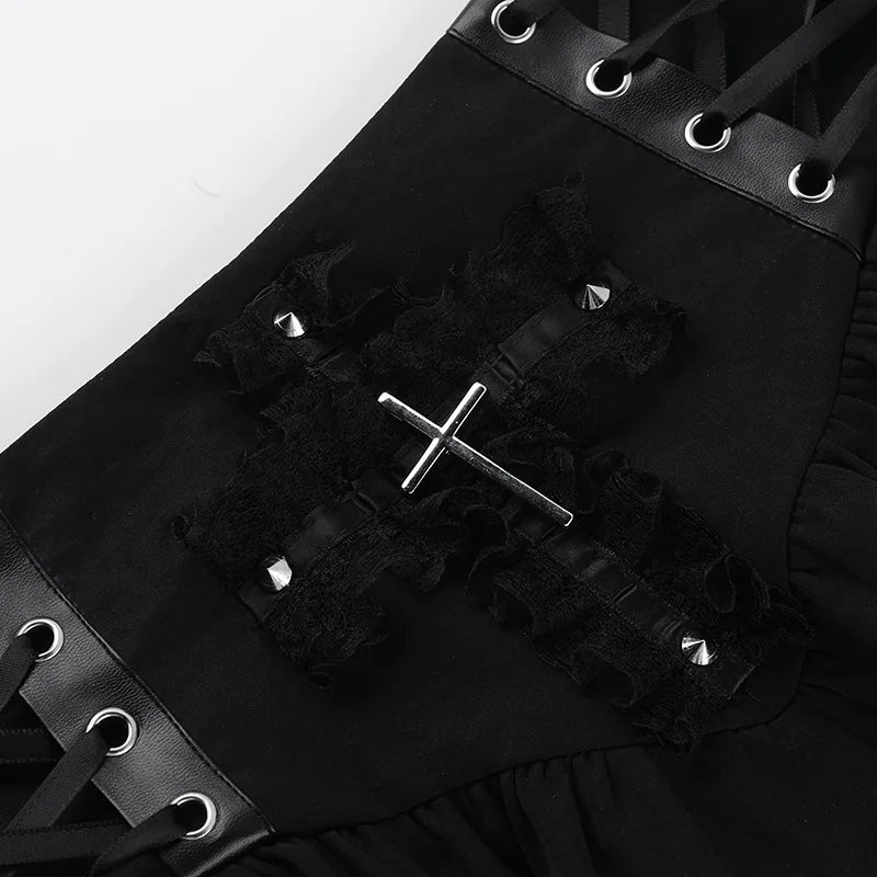 Gothic Alt Cross Patchwork Lace Up Pleated Mini Skirt