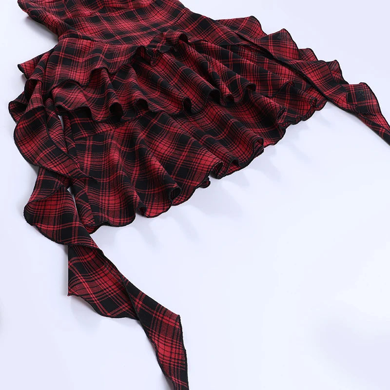 Gothic Grunge Y2K Red Plaid Irregular Hem Halter Mini Dress