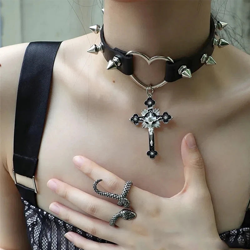 Gothic Alt Goth Heart Crucifix Studded Choker Necklace