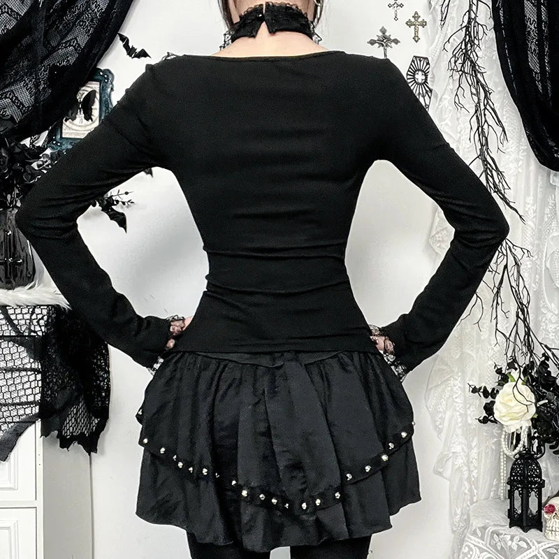 Gothic Romantic Goth Lace Ruffles Patchwork Square Collar Long Sleeve Top