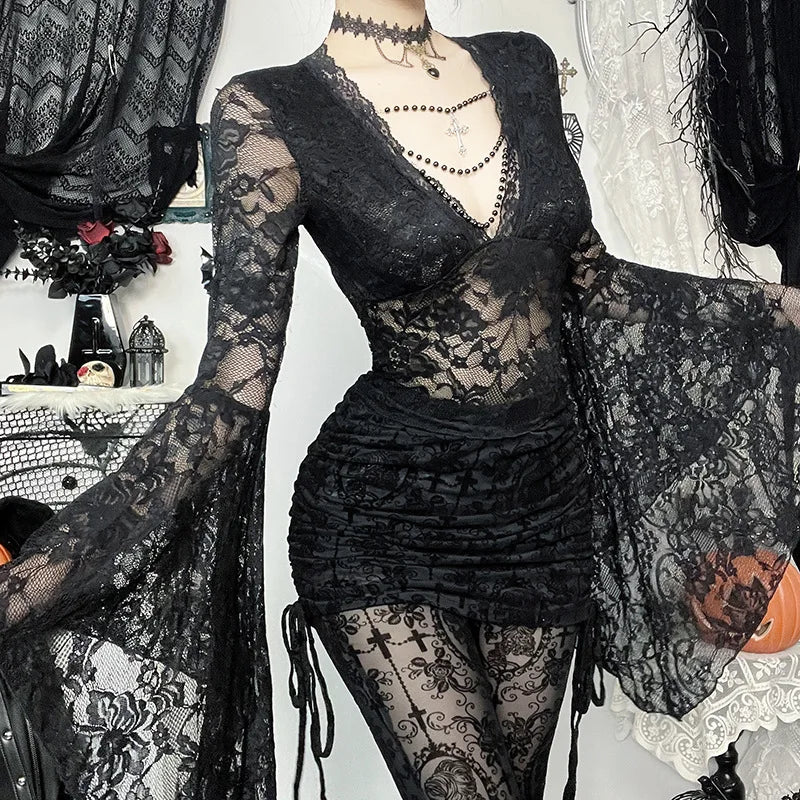 Gothic Vampire V-Neck Chain Beads Lace Bell Sleeves Top
