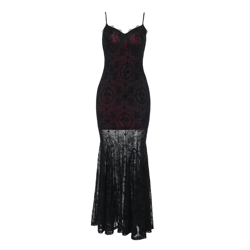 Gothic Alt Goth Dark Vintage Sheer Overlay Spaghetti Strap Dress