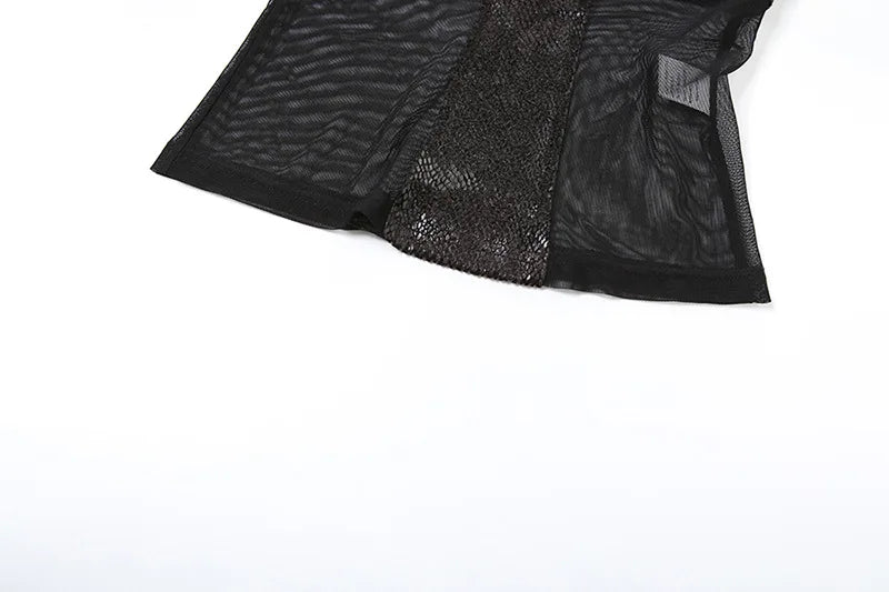 Gothic Alt Y2K Goth Cross Patchwork Mesh See-Through Long Sleeve Shirt Top
