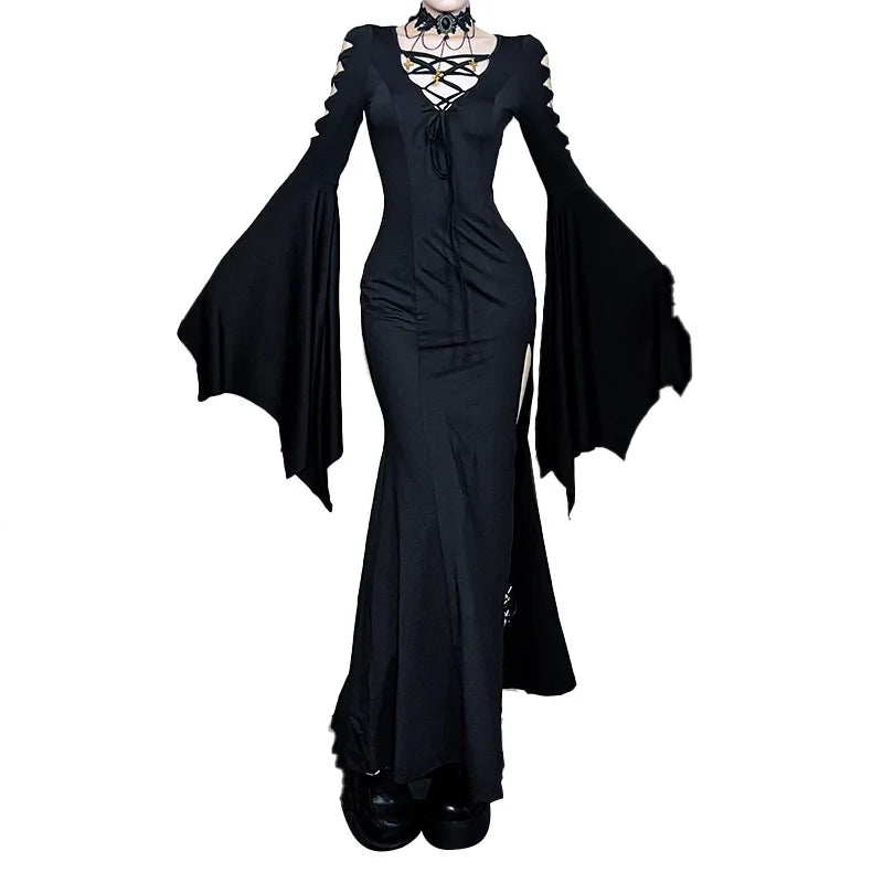 Gothic Alt Goth Hollow Out Side Slit Bat Wing Sleeves Dress