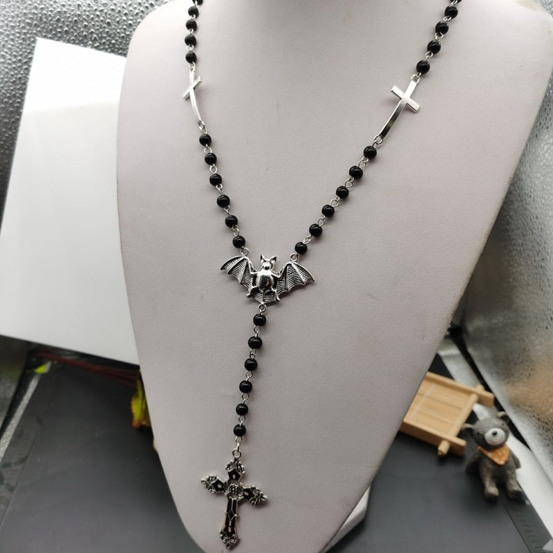 Gothic Bat Cross Rosary Necklace