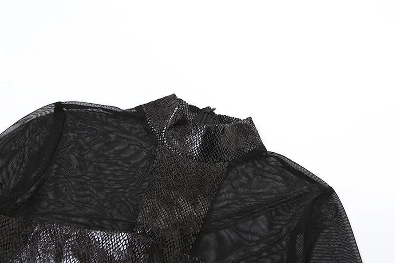 Gothic Alt Y2K Goth Cross Patchwork Mesh See-Through Long Sleeve Shirt Top